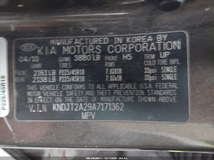 2010 Kia Soul ! VIN: KNDJT2A29A7171362 Lot: 43826011