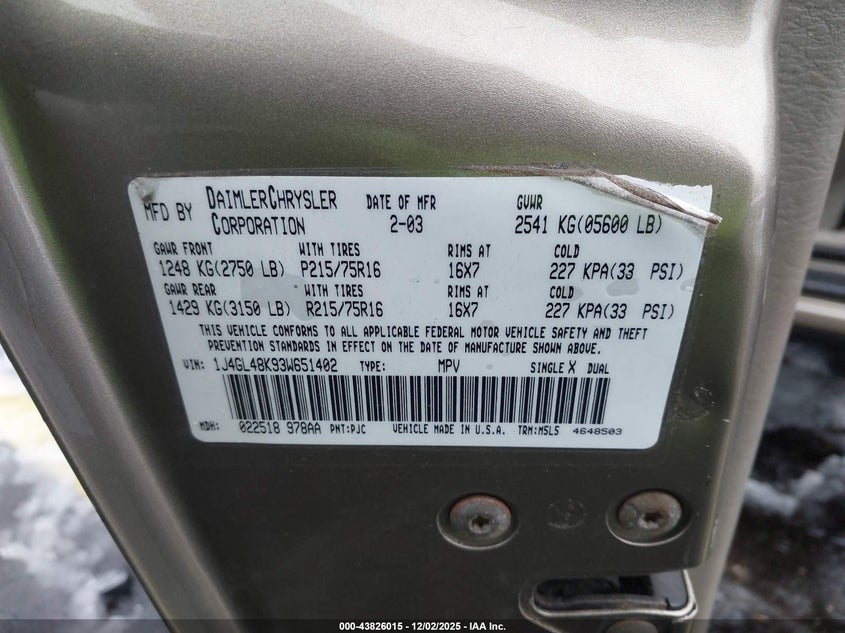 1J4GL48K93W651402 2003 JEEP LIBERTY (NORTH AMERICA) photo no. 9