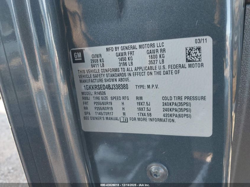 2011 GMC Acadia Slt-2 VIN: 1GKKRSED4BJ338380 Lot: 43826018