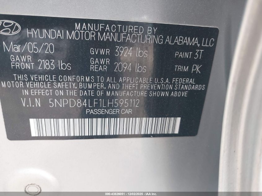 2020 Hyundai Elantra Value Edition VIN: 5NPD84LF1LH595112 Lot: 43826051