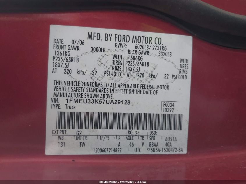 2007 Ford Explorer Sport Trac Limited VIN: 1FMEU33K57UA29128 Lot: 43826063