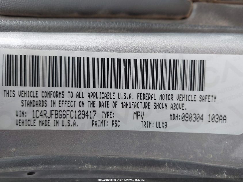 2015 Jeep Grand Cherokee Limited VIN: 1C4RJFBG6FC129417 Lot: 43826083