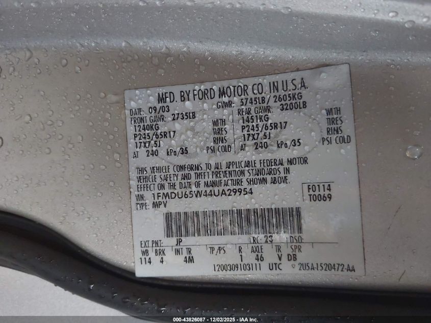 2004 Ford Explorer Limited VIN: 1FMDU65W44UA29954 Lot: 43826087