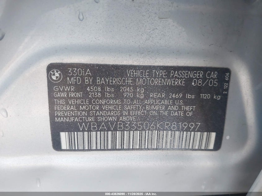 2006 BMW 330I VIN: WBAVB33506KR81997 Lot: 43826098