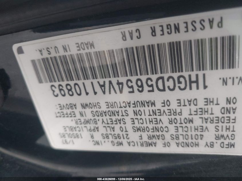 1997 Honda Accord Ex VIN: 1HGCD5654VA110893 Lot: 43826099