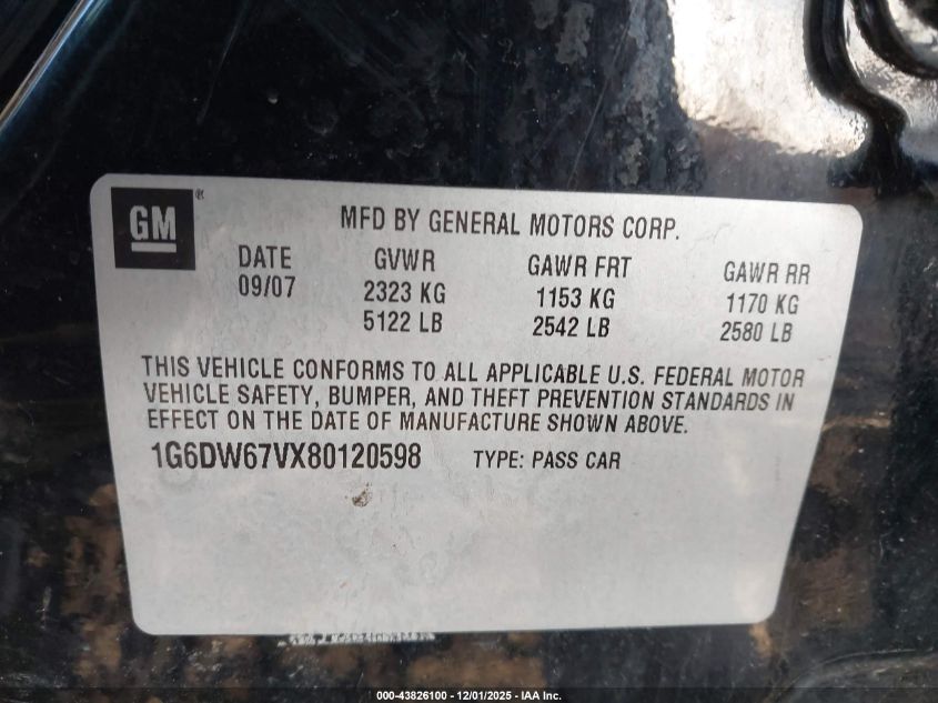 2008 Cadillac Sts V6 VIN: 1G6DW67VX80120598 Lot: 43826100