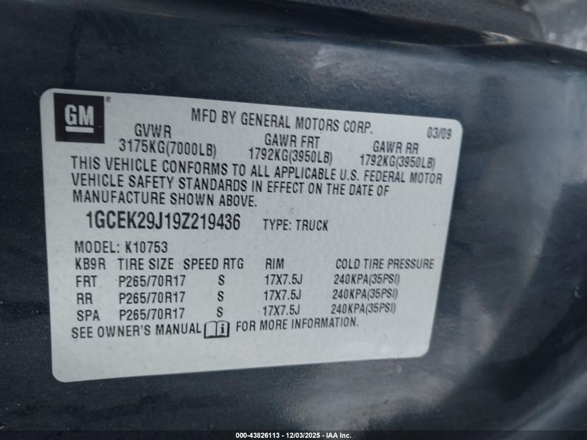 2009 Chevrolet Silverado 1500 Lt VIN: 1GCEK29J19Z219436 Lot: 43826113