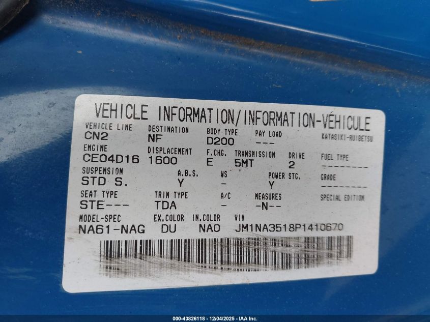 1993 Mazda Mx-5 Miata VIN: JM1NA3518P1410670 Lot: 43826118