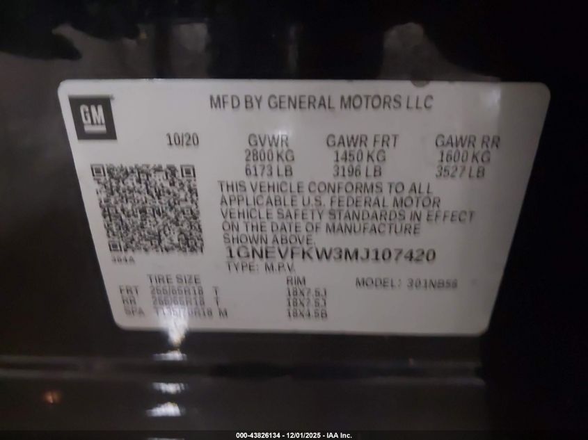 2021 Chevrolet Traverse Awd Ls VIN: 1GNEVFKW3MJ107420 Lot: 43826134