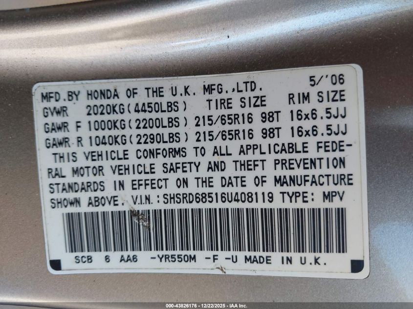 2006 Honda Cr-V Lx VIN: SHSRD68516U408119 Lot: 43826176