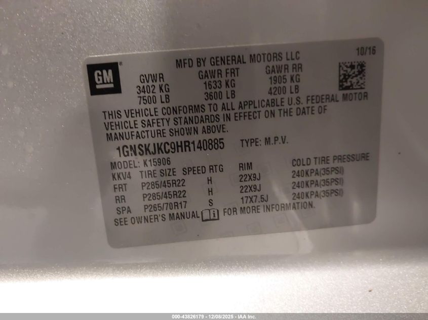 2017 Chevrolet Suburban Premier VIN: 1GNSKJKC9HR140885 Lot: 43826179