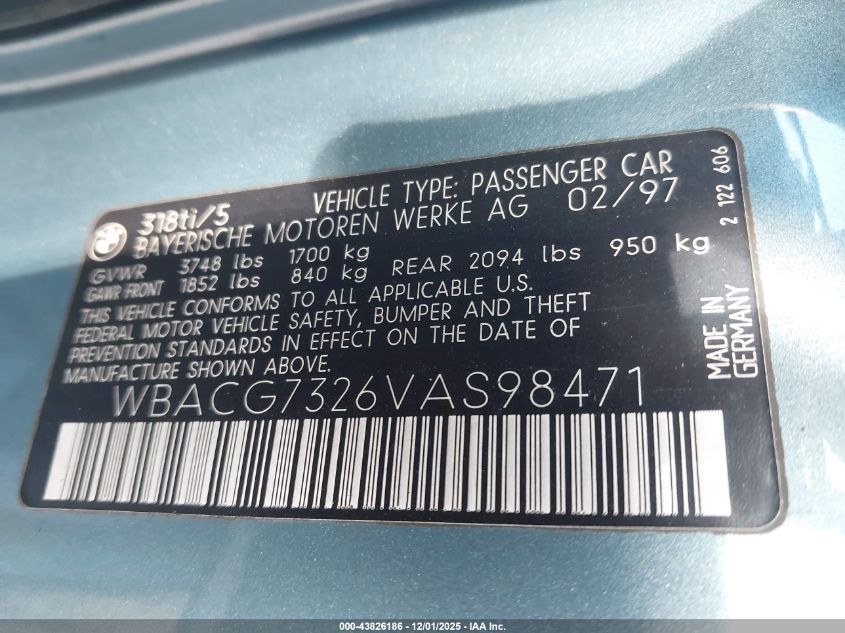 1997 BMW 318Ti VIN: WBACG7326VAS98471 Lot: 43826186