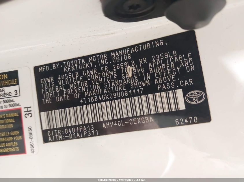 2009 Toyota Camry Hybrid VIN: 4T1BB46K09U081117 Lot: 43826202