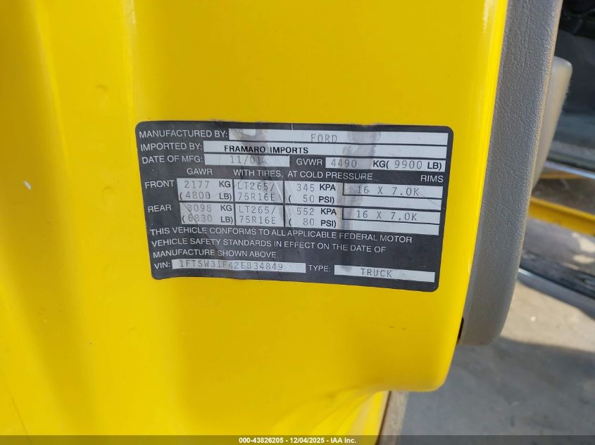 2002 Ford F-350 Lariat/Xl/Xlt VIN: 1FTSW31F42EB34849 Lot: 43826205