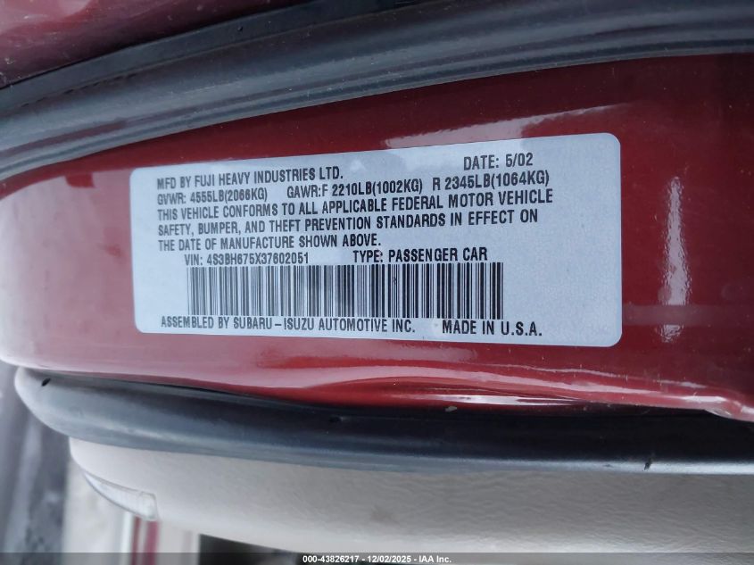 2003 Subaru Outback VIN: 4S3BH675X37602051 Lot: 43826217