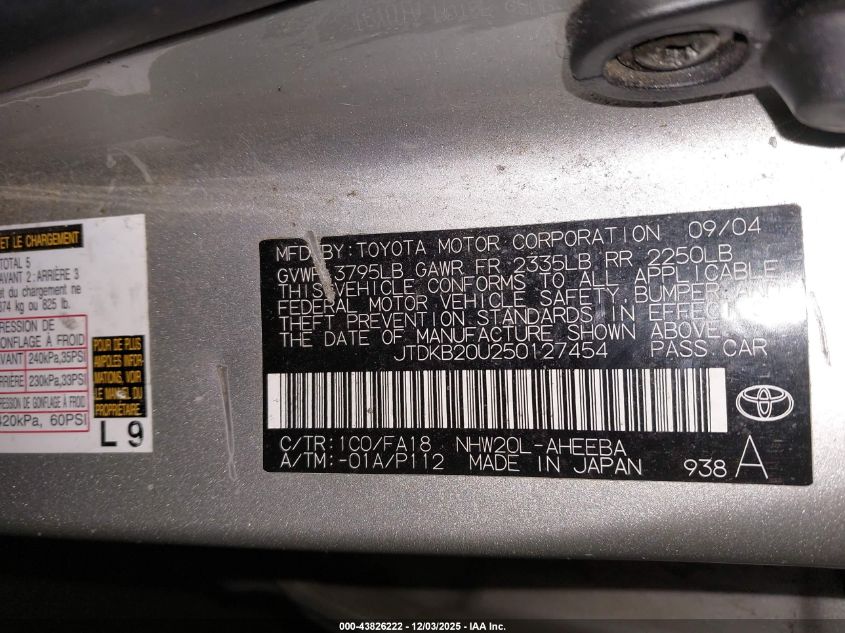 2005 Toyota Prius VIN: JTDKB20U250127454 Lot: 43826222