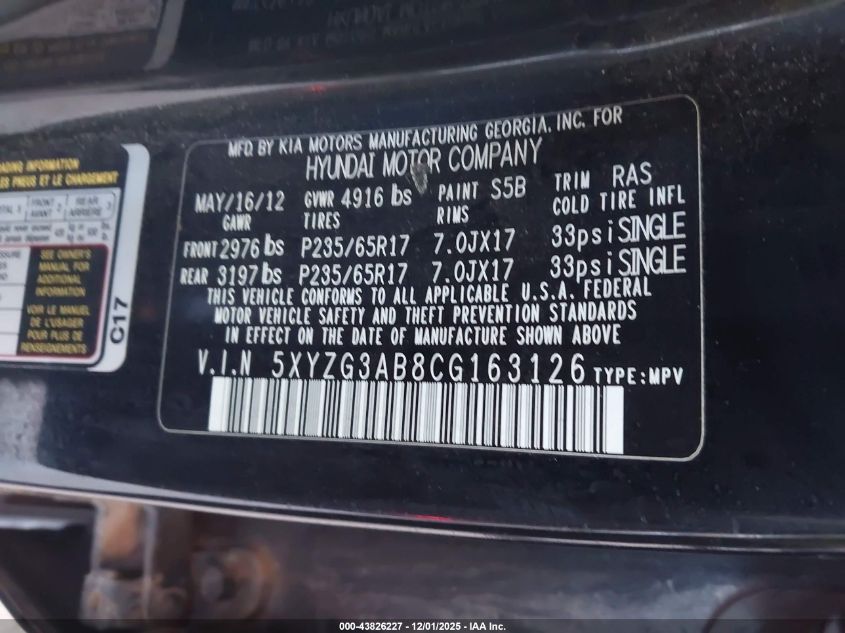 2012 Hyundai Santa Fe Gls VIN: 5XYZG3AB8CG163126 Lot: 43826227