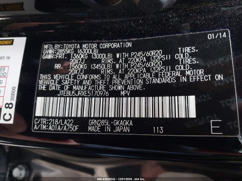 2014 Toyota 4Runner Limited VIN: JTEBU5JRXE5170976 Lot: 43826242