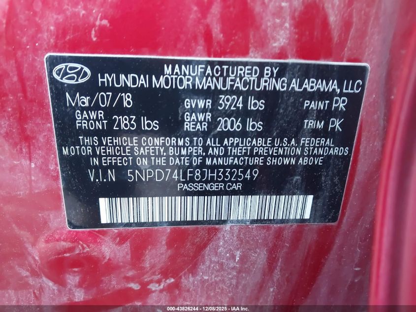 2018 Hyundai Elantra Se VIN: 5NPD74LF8JH332549 Lot: 43826244