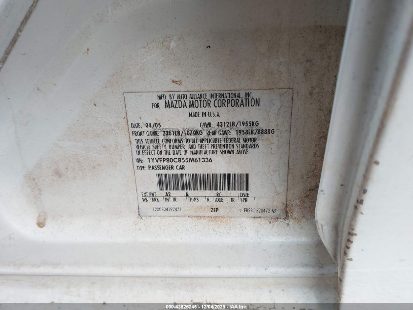 2005 Mazda Mazda6 I Base VIN: 1YVFP80C855M61336 Lot: 43826246