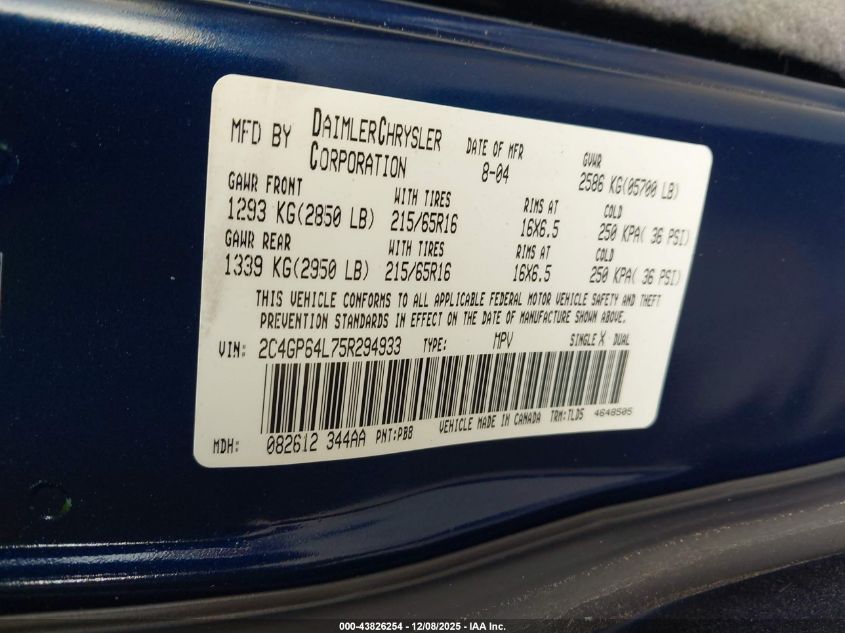 2005 Chrysler Town & Country Limited VIN: 2C4GP64L75R294933 Lot: 43826254