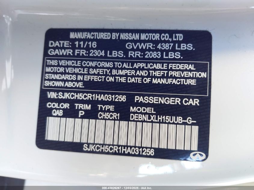 2017 Infiniti Qx30 Luxury VIN: SJKCH5CR1HA031256 Lot: 43826267