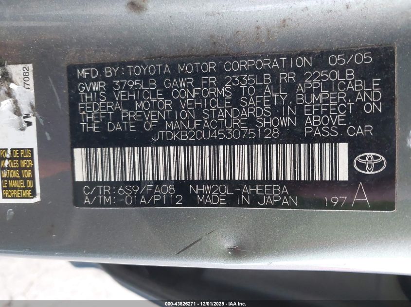 2005 Toyota Prius VIN: JTDKB20U453075128 Lot: 43826271