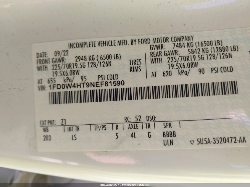2022 Ford F-450 Chassis Xl VIN: 1FD0W4HT9NEF81590 Lot: 43826277