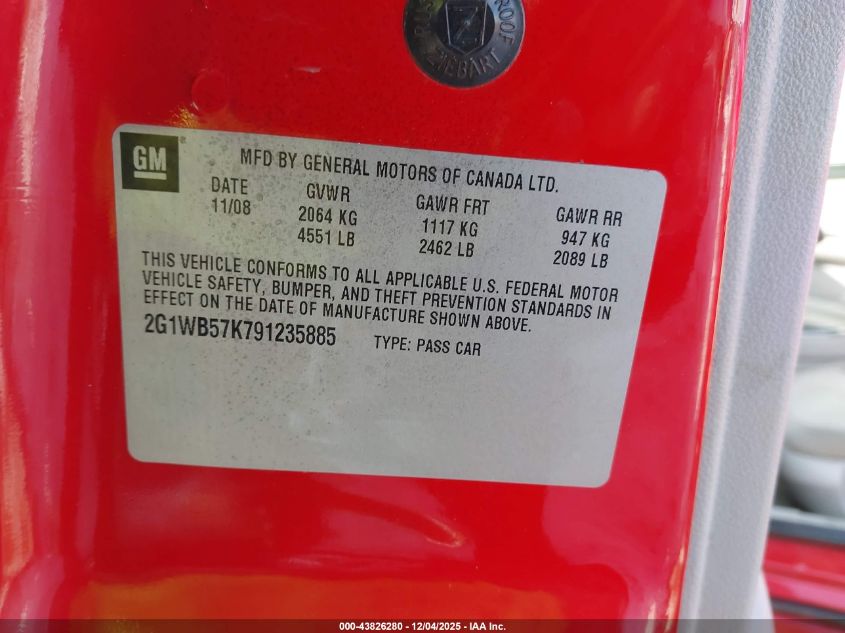 2009 Chevrolet Impala Ls VIN: 2G1WB57K791235885 Lot: 43826280