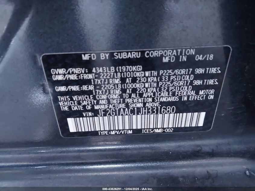 2018 Subaru Crosstrek 2.0I VIN: JF2GTAAC1JH331680 Lot: 43826291