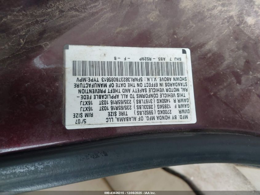 2007 Honda Odyssey Lx VIN: 5FNRL38237B085613 Lot: 43826315