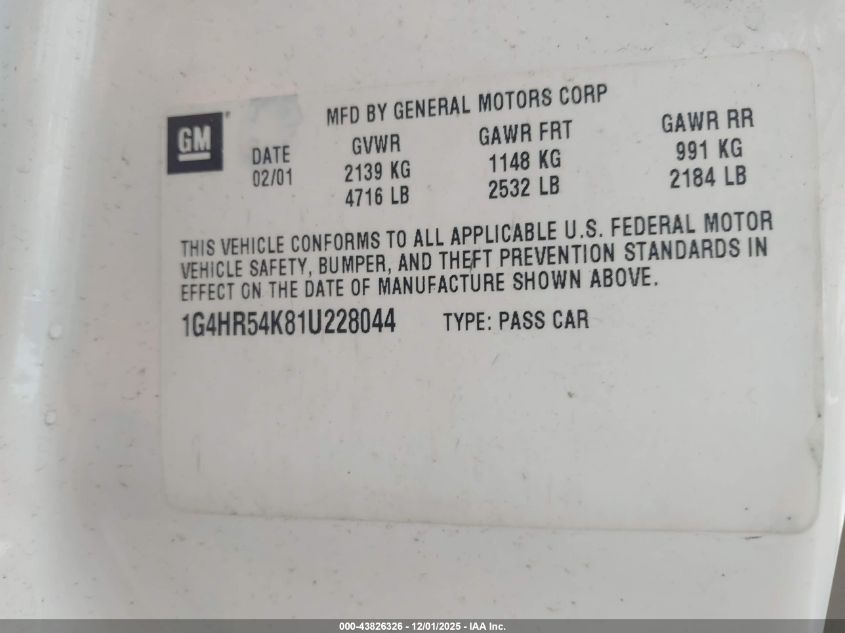 2001 Buick Lesabre Limited VIN: 1G4HR54K81U228044 Lot: 43826326