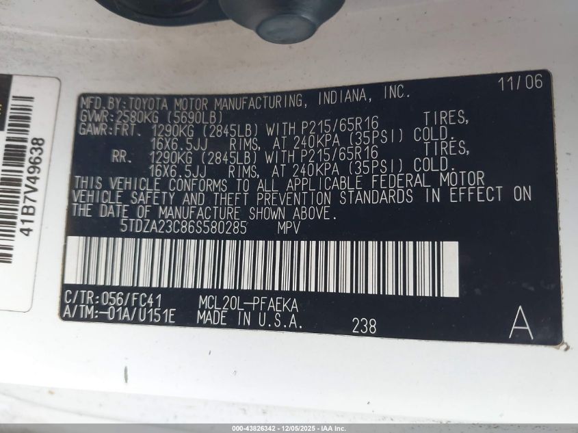 2006 Toyota Sienna Le VIN: 5TDZA23C86S580285 Lot: 43826342