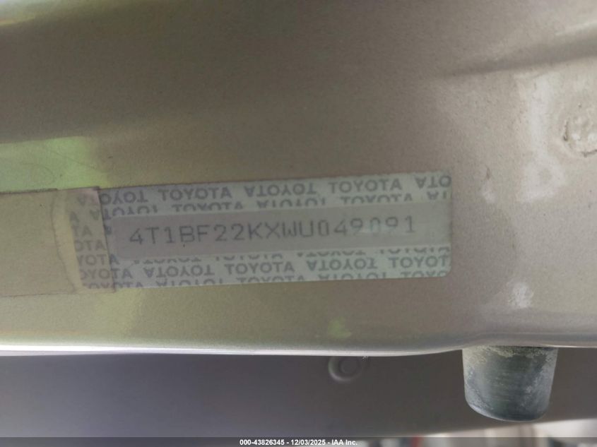 1998 Toyota Camry Le V6 VIN: 4T1BF22KXWU049091 Lot: 43826345