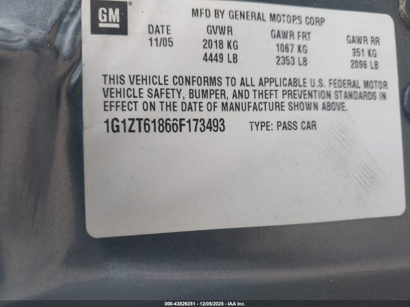 2006 Chevrolet Malibu Maxx Lt VIN: 1G1ZT61866F173493 Lot: 43826351
