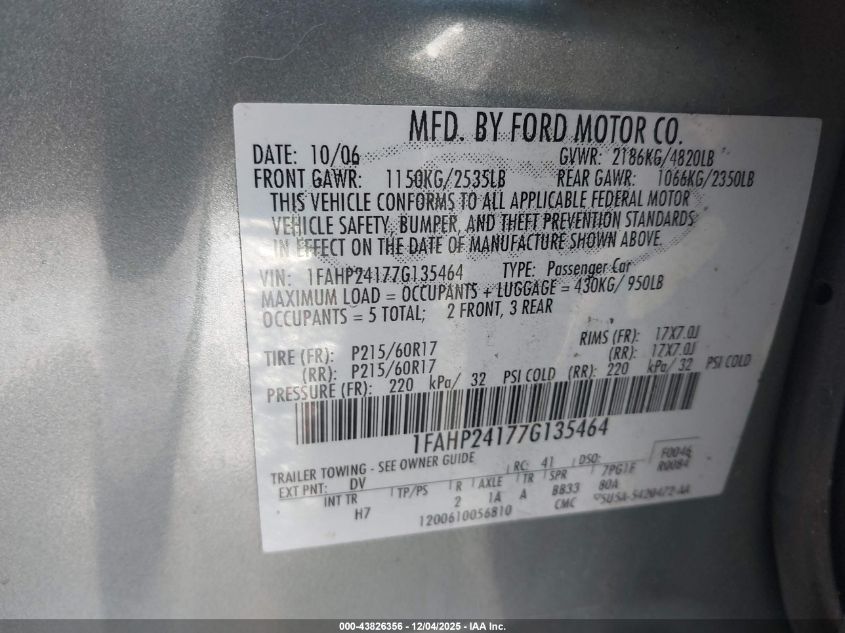 2007 Ford Five Hundred Sel VIN: 1FAHP24177G135464 Lot: 43826356