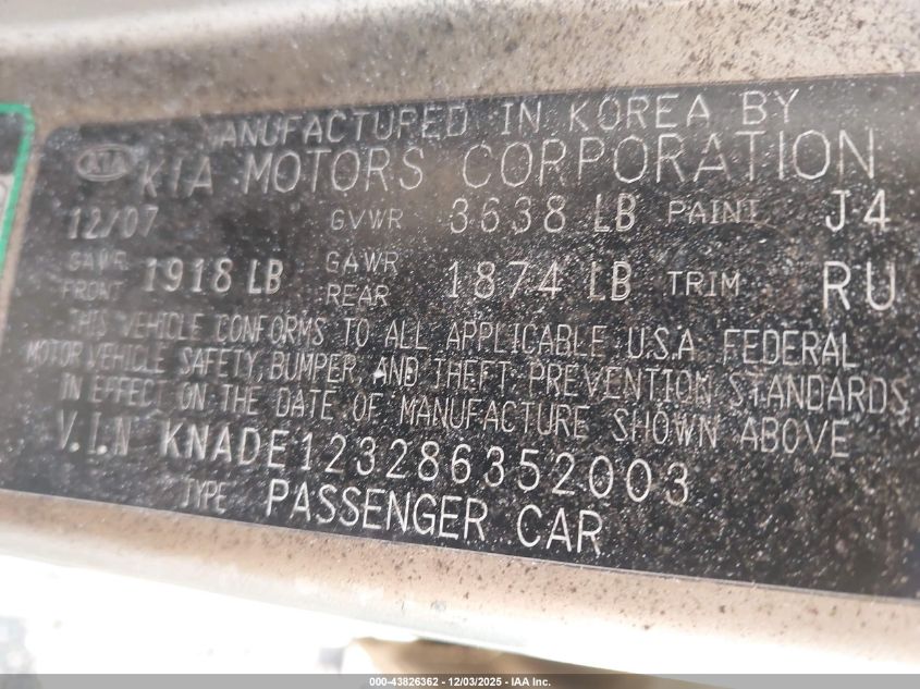 2008 Kia Rio Lx VIN: KNADE123286352003 Lot: 43826362