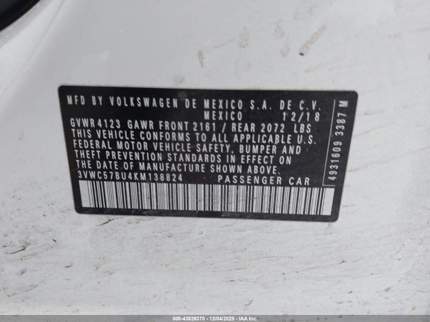 2019 Volkswagen Jetta 1.4T R-Line/1.4T S/1.4T Se VIN: 3VWC57BU4KM138824 Lot: 43826370