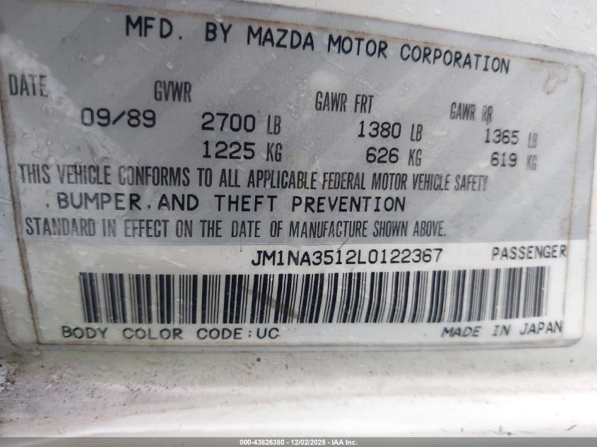 1990 Mazda Mx-5 Miata VIN: JM1NA3512L0122367 Lot: 43826380