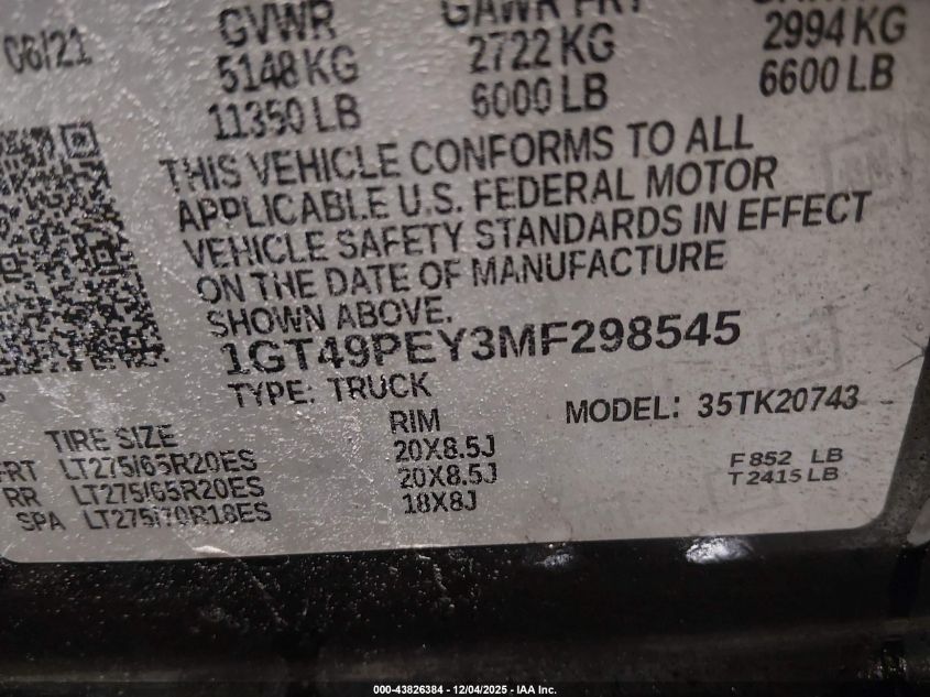 2021 GMC Sierra 2500Hd 4Wd Standard Bed At4 VIN: 1GT49PEY3MF298545 Lot: 43826384