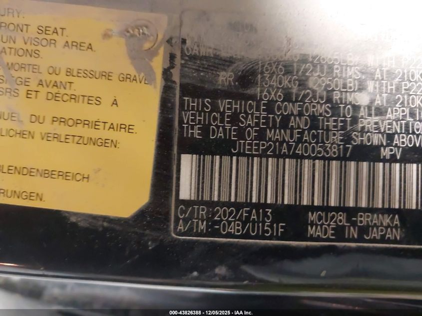 2004 Toyota Highlander V6 VIN: JTEEP21A740053817 Lot: 43826388