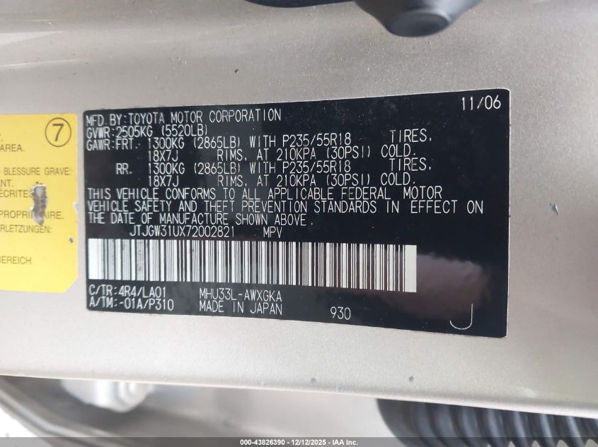 2007 Lexus Rx 400H VIN: JTJGW31UX72002821 Lot: 43826390