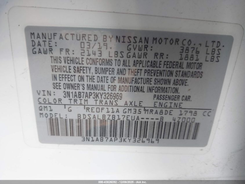 2019 Nissan Sentra S VIN: 3N1AB7AP3KY326969 Lot: 43826392