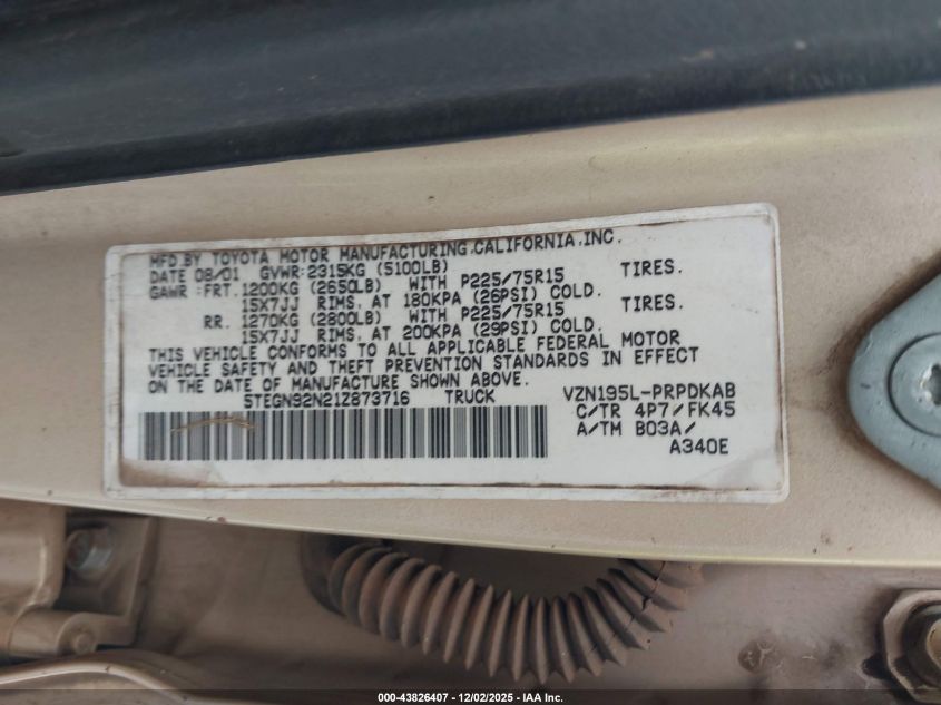 2001 Toyota Tacoma Prerunner V6 VIN: 5TEGN92N21Z873716 Lot: 43826407