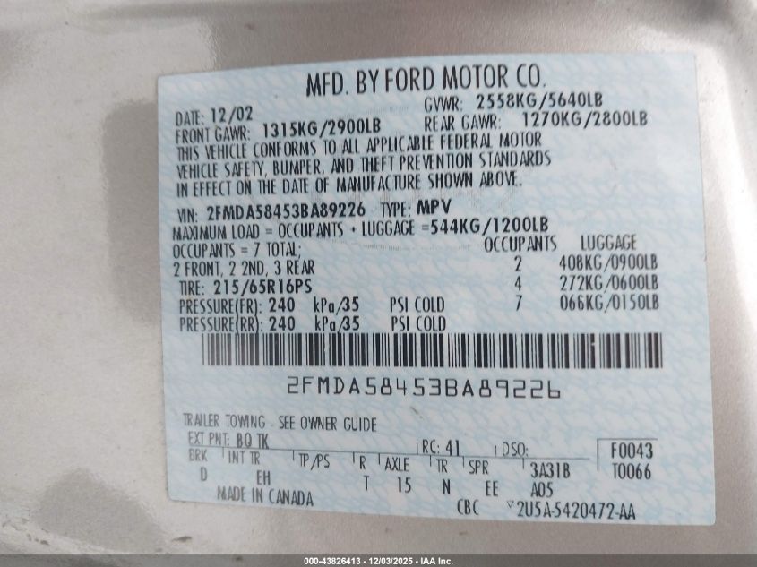 2003 Ford Windstar Limited VIN: 2FMDA58453BA89226 Lot: 43826413