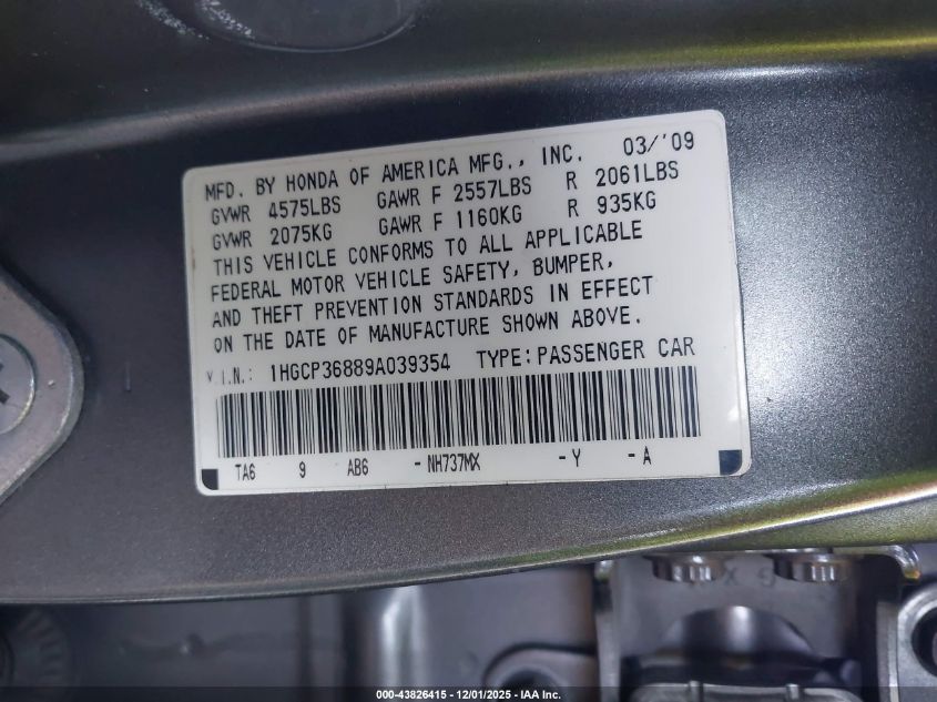 2009 Honda Accord 3.5 Ex-L VIN: 1HGCP36889A039354 Lot: 43826415