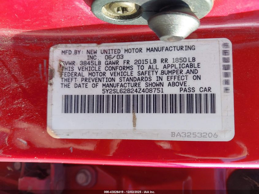 2004 Pontiac Vibe VIN: 5Y2SL62824Z408751 Lot: 43826419