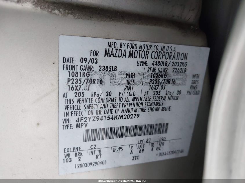 2004 Mazda Tribute Lx V6 VIN: 4F2YZ94154KM20279 Lot: 43826427