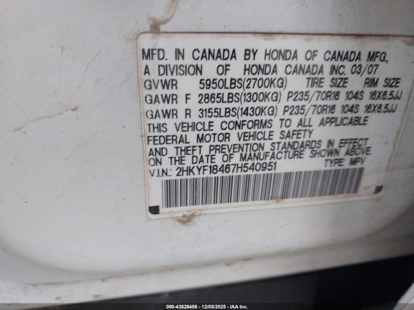 2007 Honda Pilot Ex VIN: 2HKYF18467H540951 Lot: 43826456