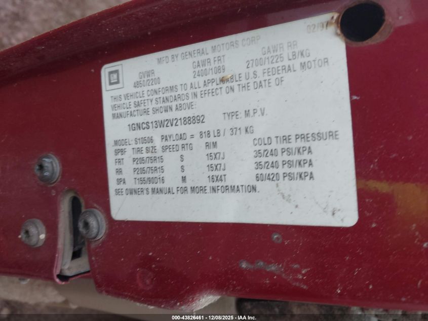 1997 Chevrolet Blazer VIN: 1GNC513W2V2188892 Lot: 43826461